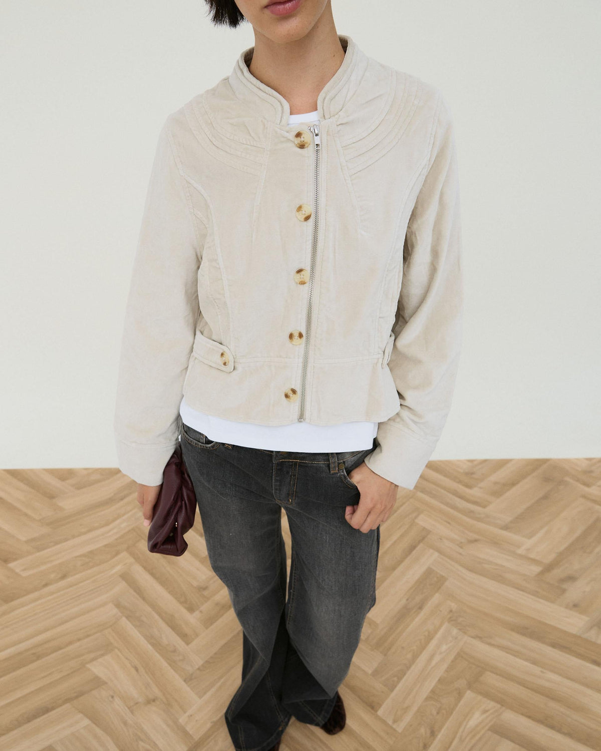 Chaqueta de terciopelo crudo con cuello mao