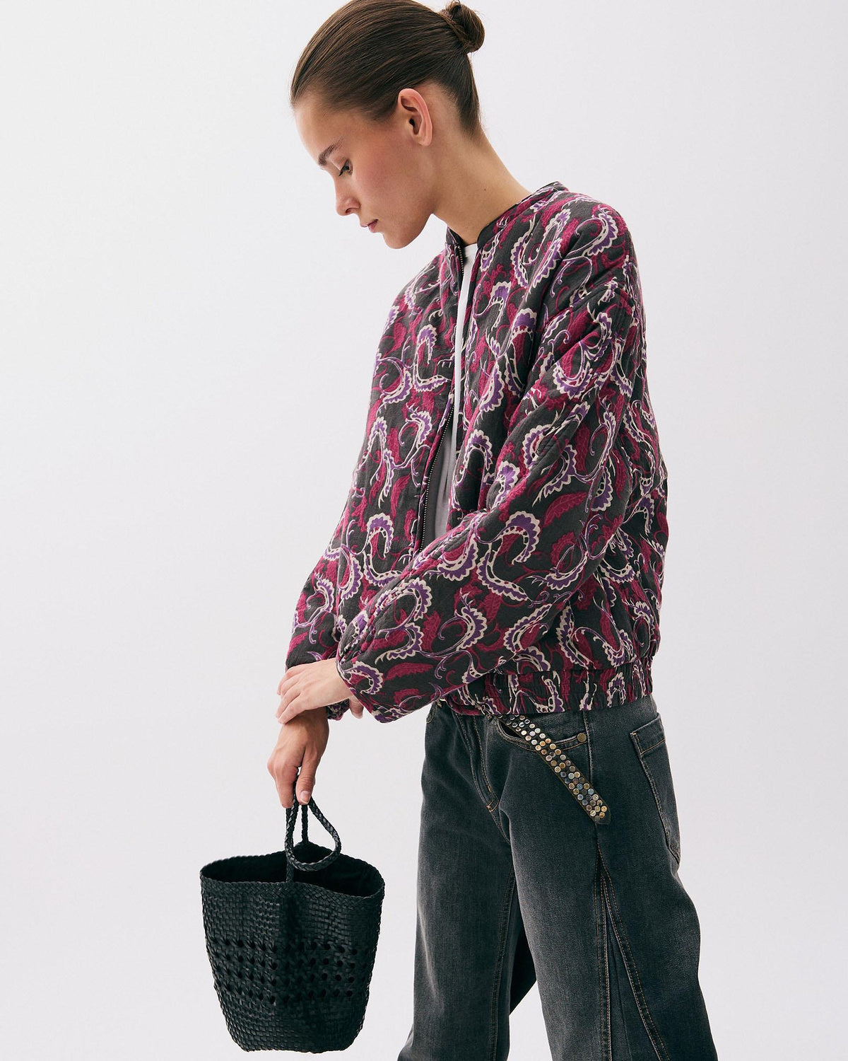 Chaqueta bomber floral en gris antracita