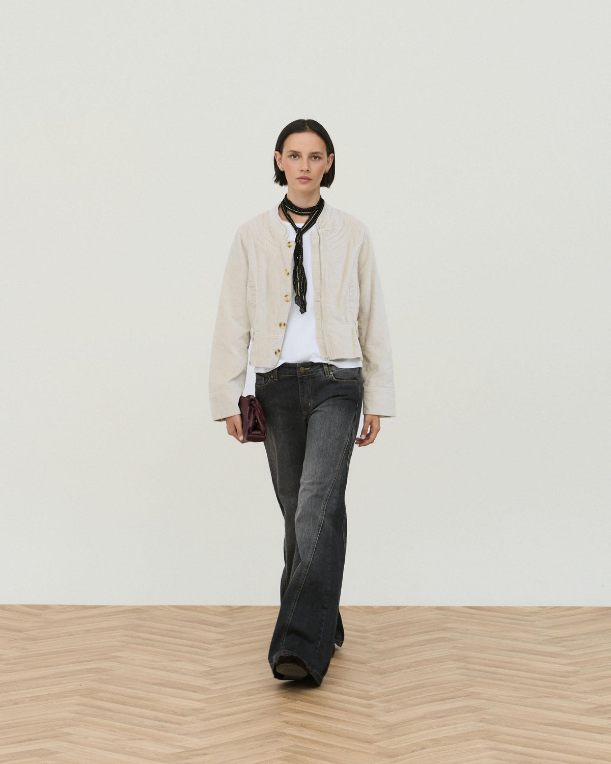 Chaqueta de terciopelo crudo con cuello mao