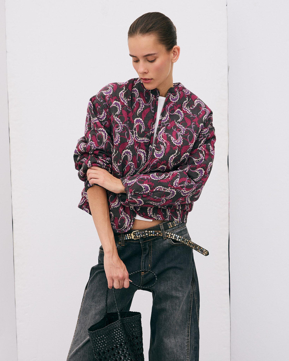 Chaqueta bomber floral en gris antracita