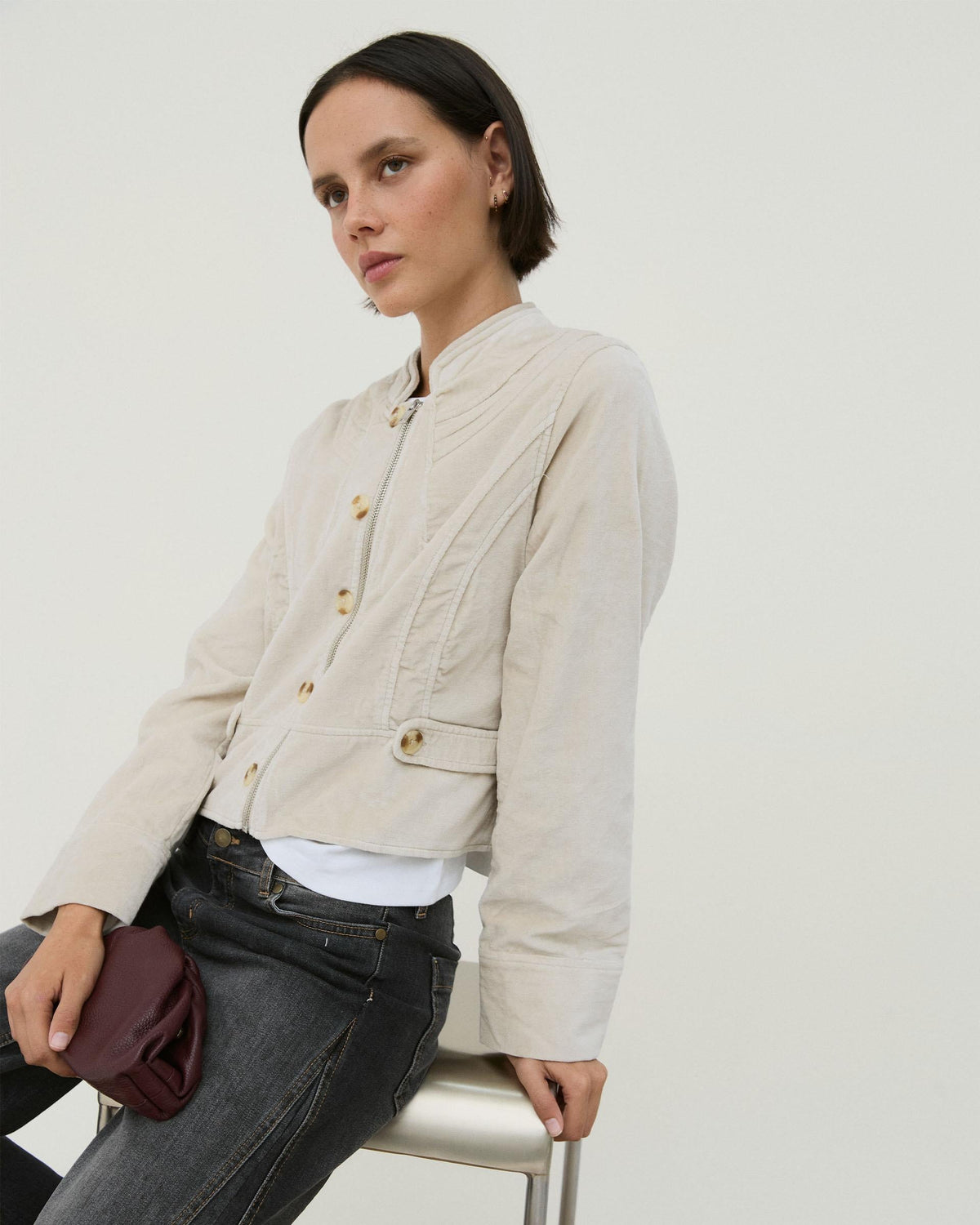 Chaqueta de terciopelo crudo con cuello mao
